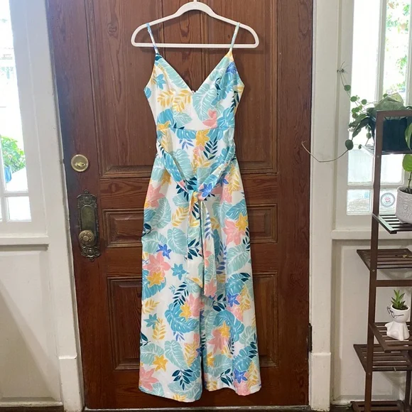 Tropical Print Wide Leg Vacation Ankle Jumpsuit Size Small Colorful - Picture 1 of 7